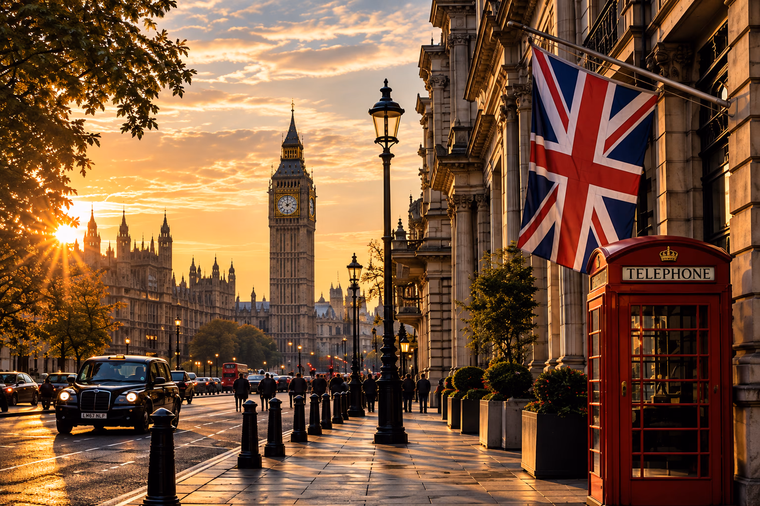 A London street at golden hour with Big Ben, a black cab and a red telephone box.