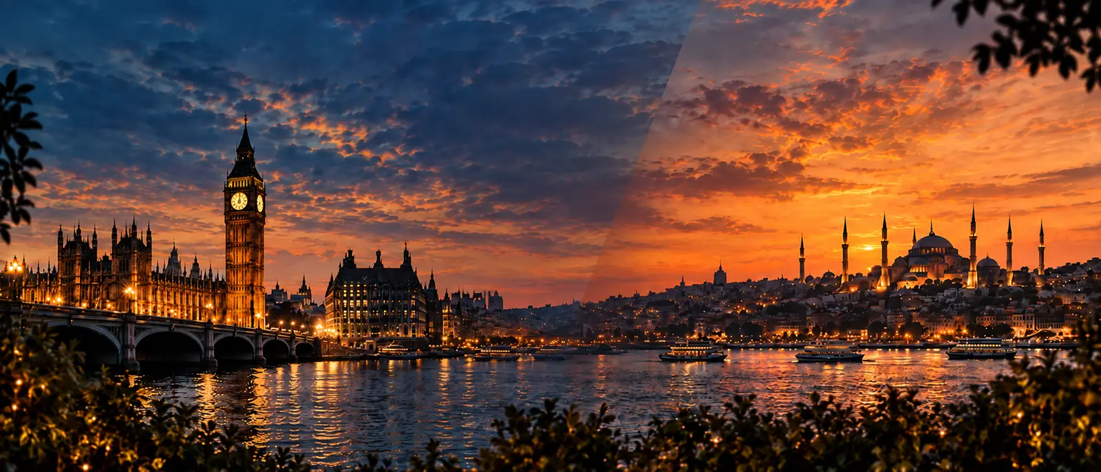 The Thames at dusk flowing into the Istanbul skyline at sunset, the two cities joined in one horizon.