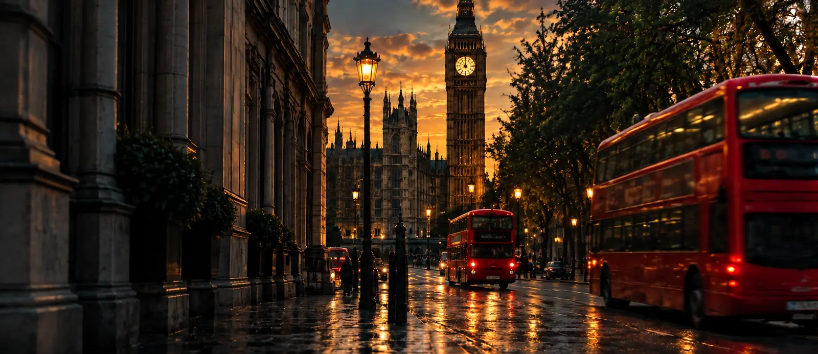A rain-slicked London street at night with Big Ben and a red double-decker bus.
